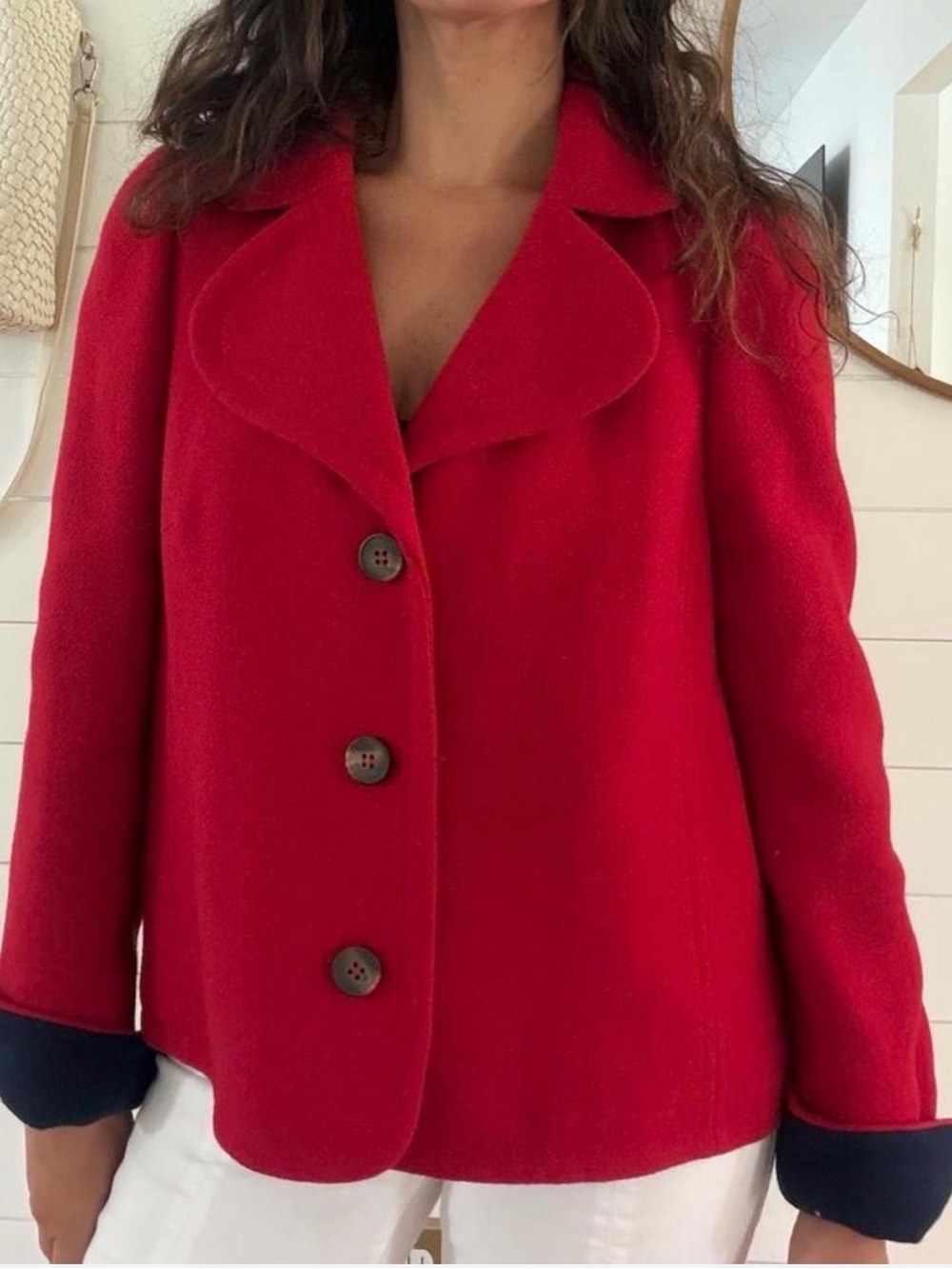 Boden Red Wool Blend Swing Jacket Navy Lined Nautical Coastal Size 14R